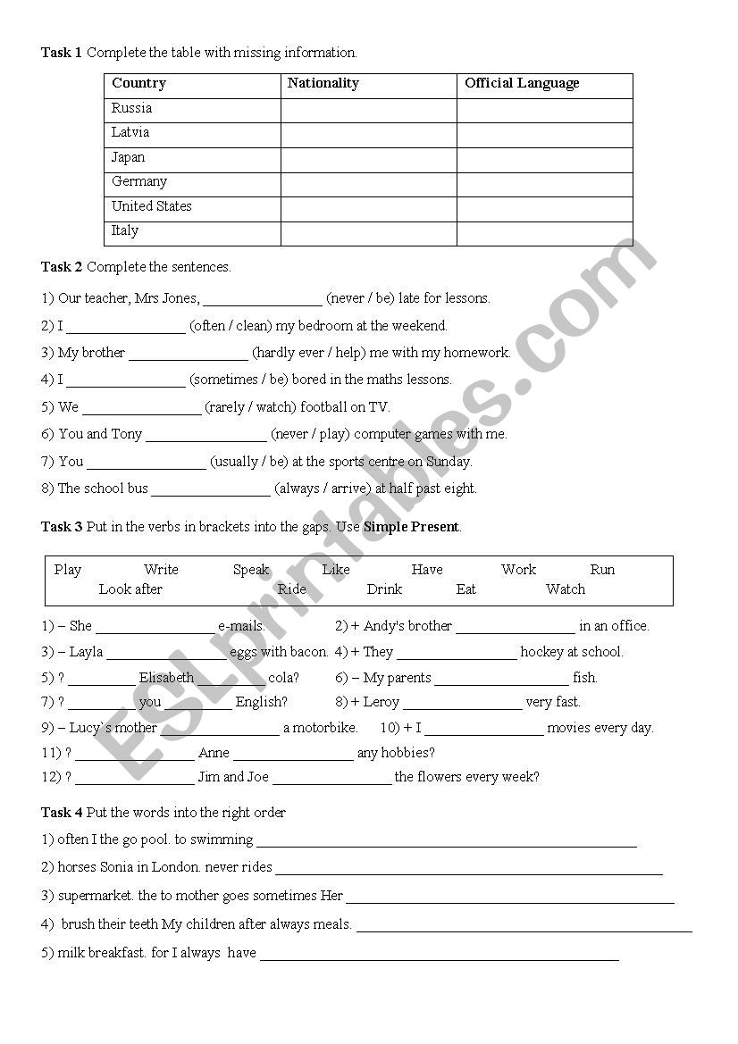 Test - countries, nationalities, adverbs of frequency, simple present