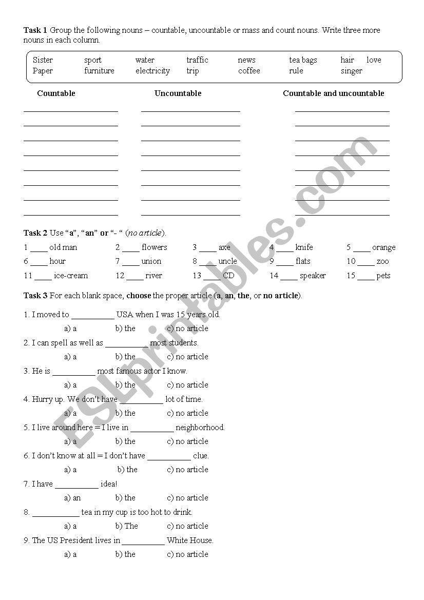 Articles, countable and uncountable nouns