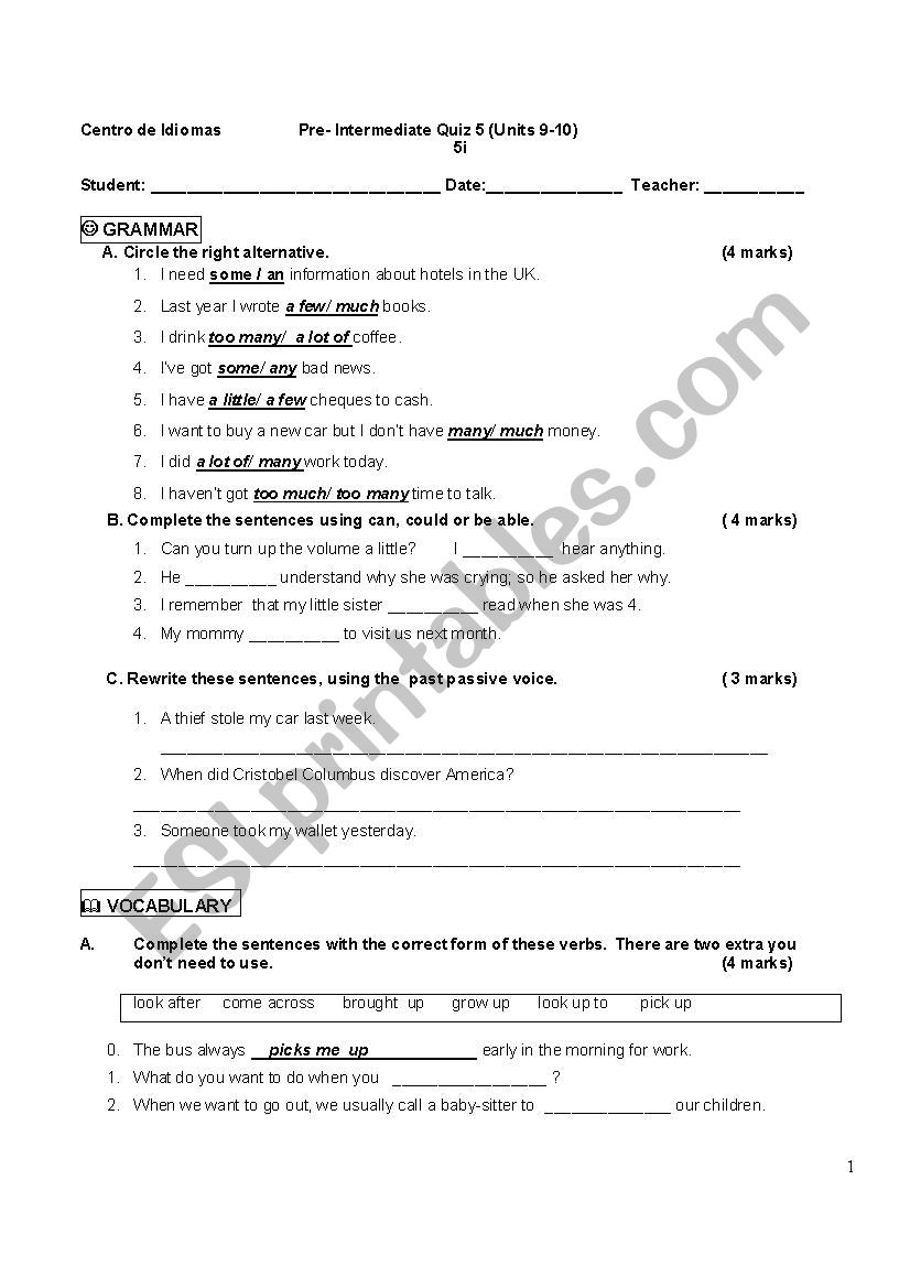 Pre-Intermediate Test worksheet