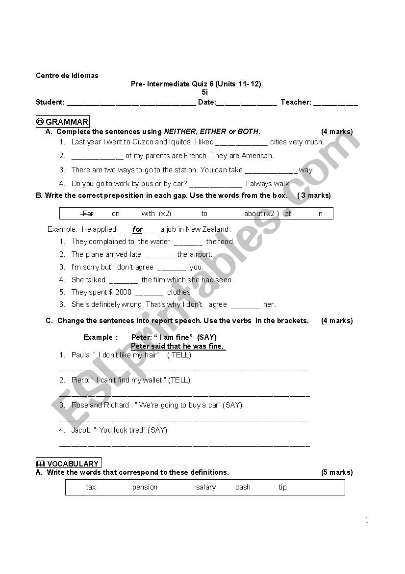 Pre-Intermediate Test worksheet