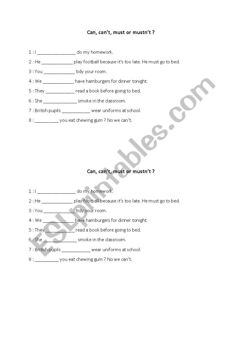 Exercise can / must worksheet