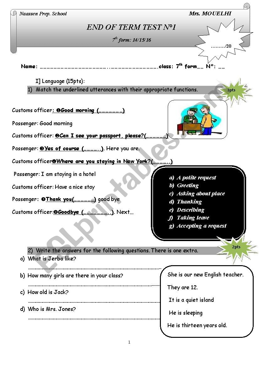 End of term test worksheet