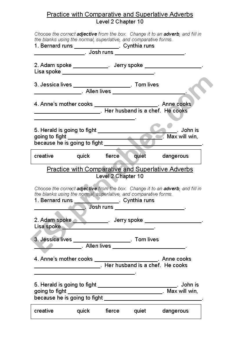 Comparative Superlative Adverbs Worksheets Pdf