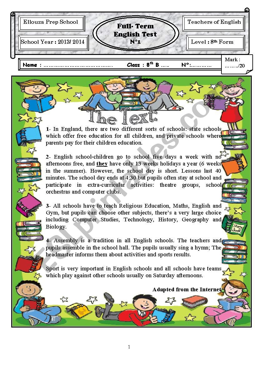 Full term test 1 for 9th form worksheet