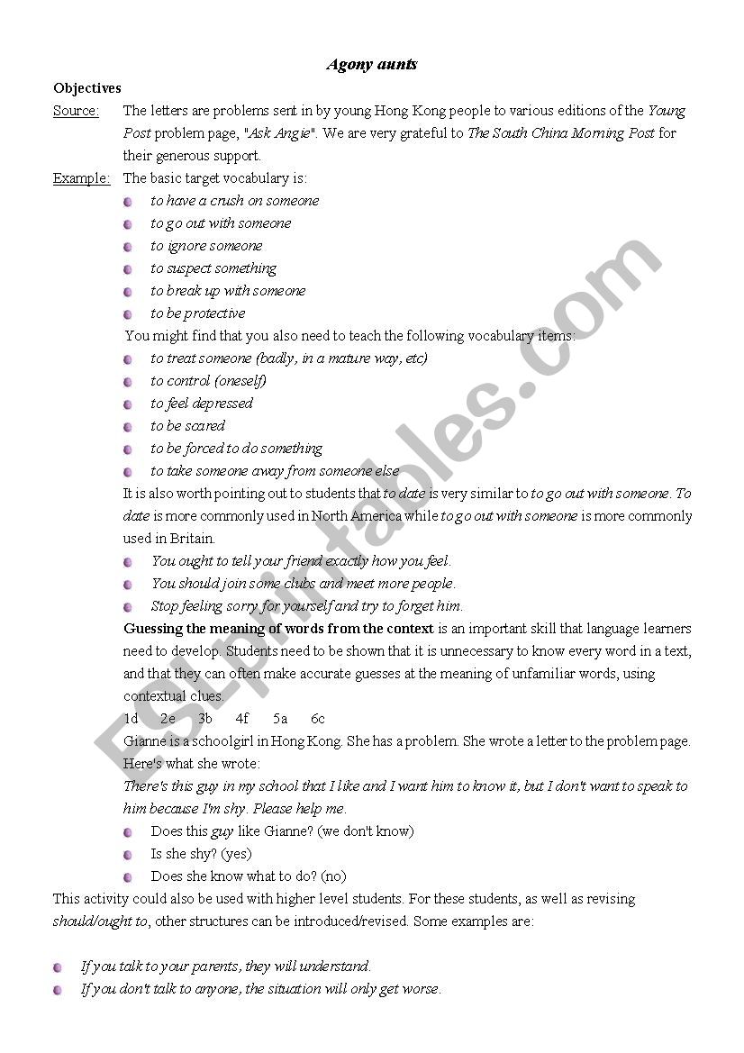 agony aunt worksheet