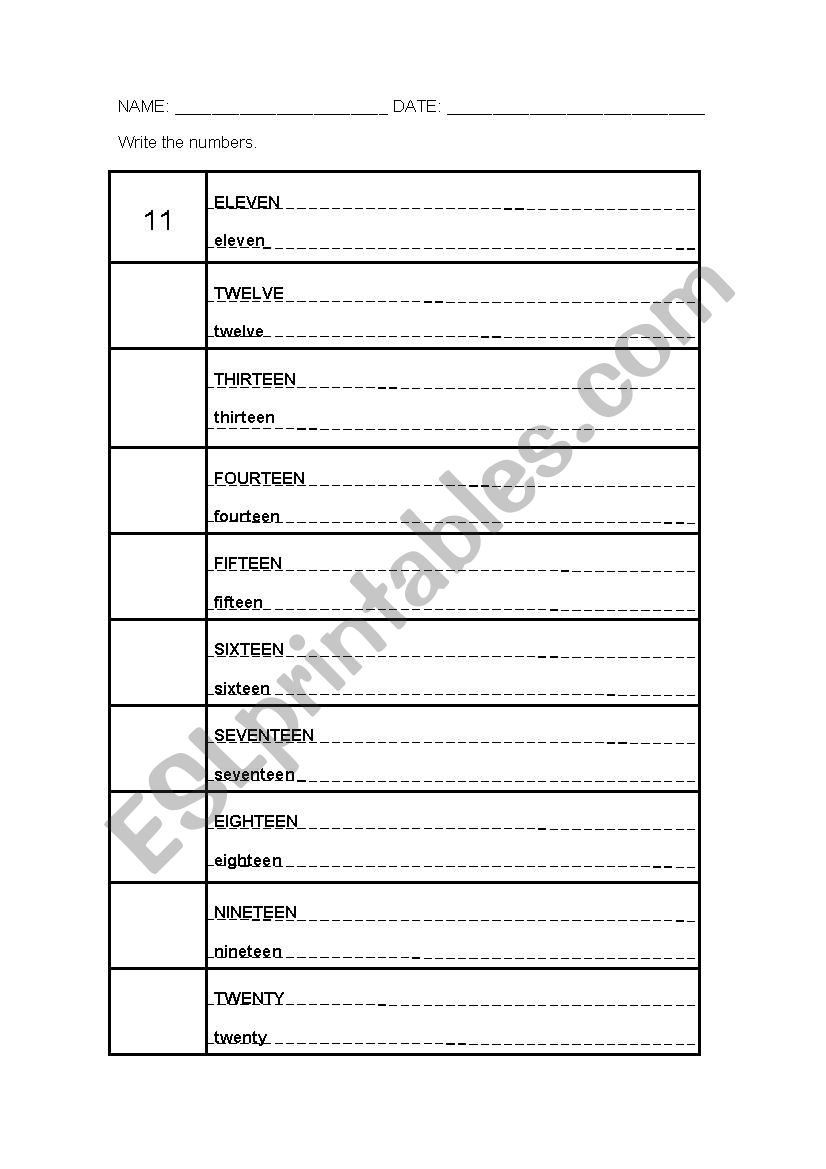 numbers 11 -20 worksheet