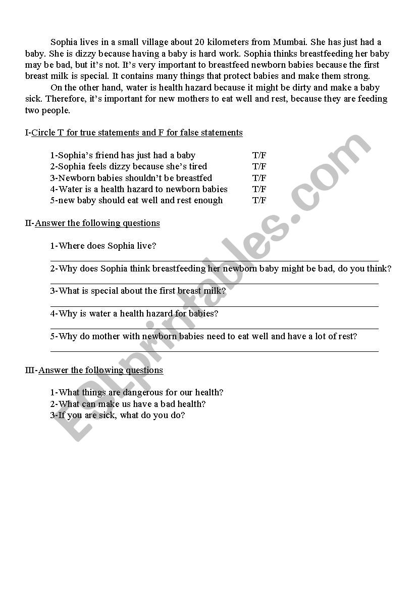 Having a newborn baby worksheet