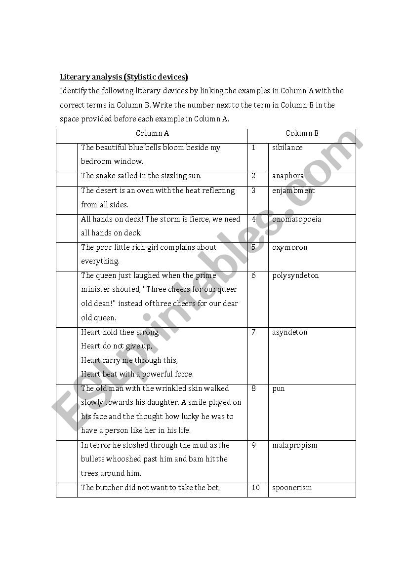 Literary Devices worksheet