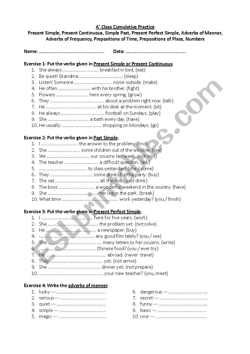 AÂ´ Class Cumulative Practice worksheet