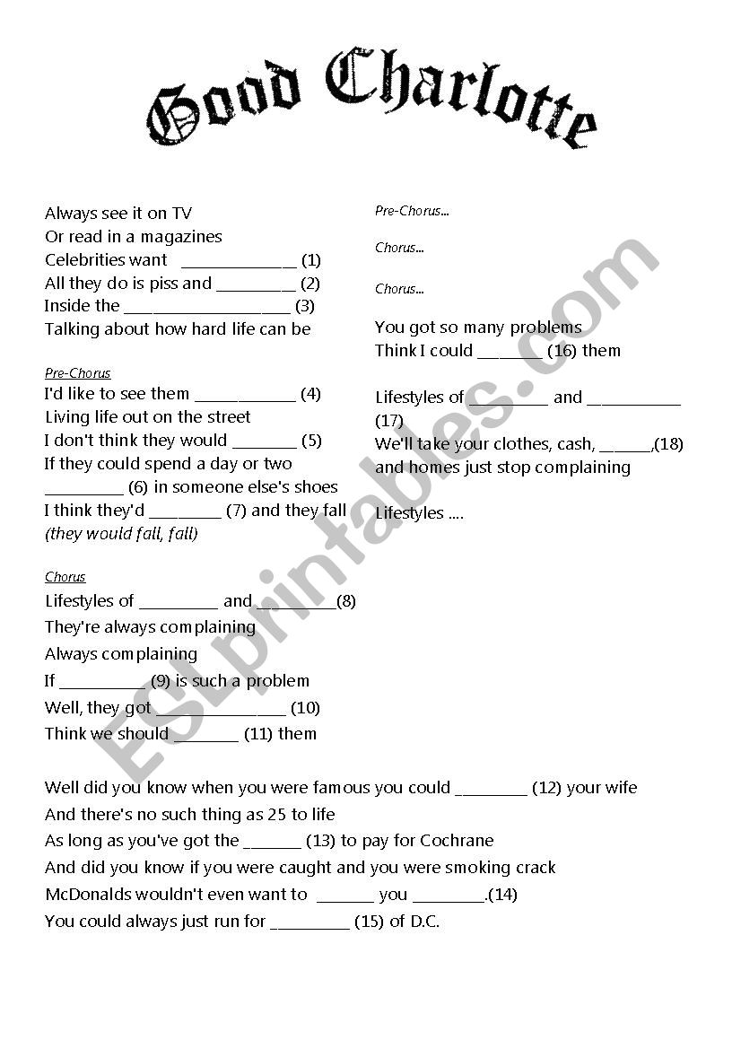 Lifestyle of the Rich and Famous - Good Charlotte - song worksheet