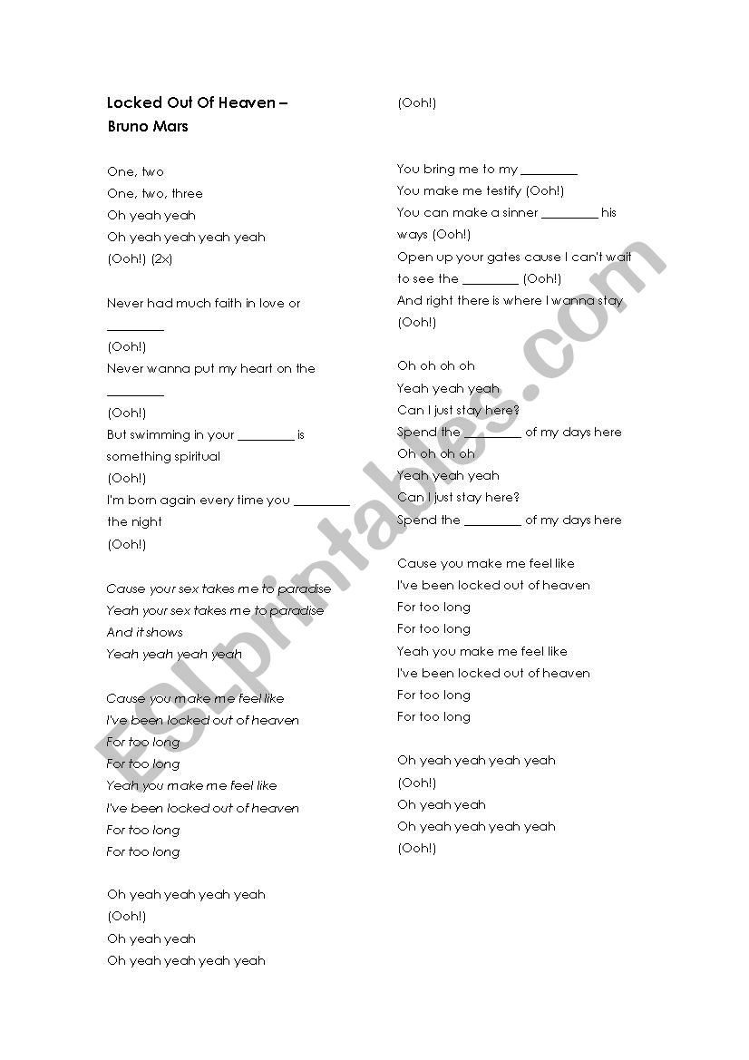 locked out of heaven worksheet