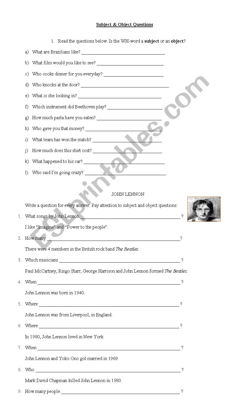 Subject Questions worksheet