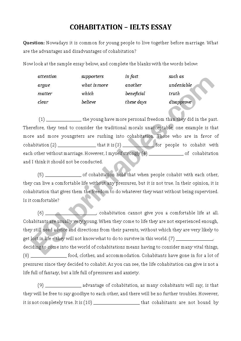 IELTS Essay - Cohabitation worksheet
