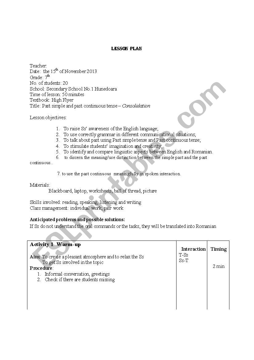 Past simple and past continuous tense – Consolidation  