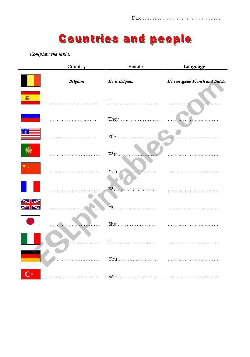 Countries and People worksheet