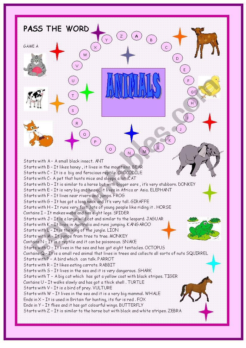 Animals : pass the word worksheet