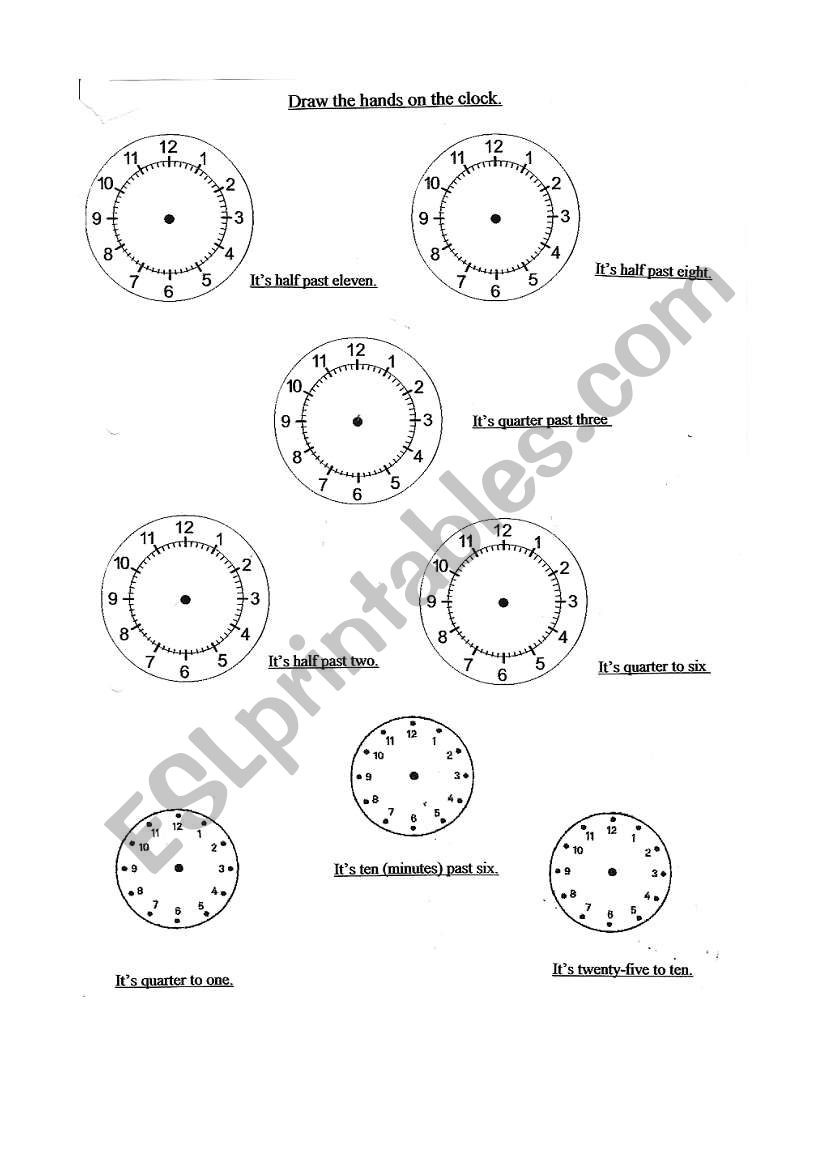 Draw the hands on the clock - ESL worksheet by yetigumboots