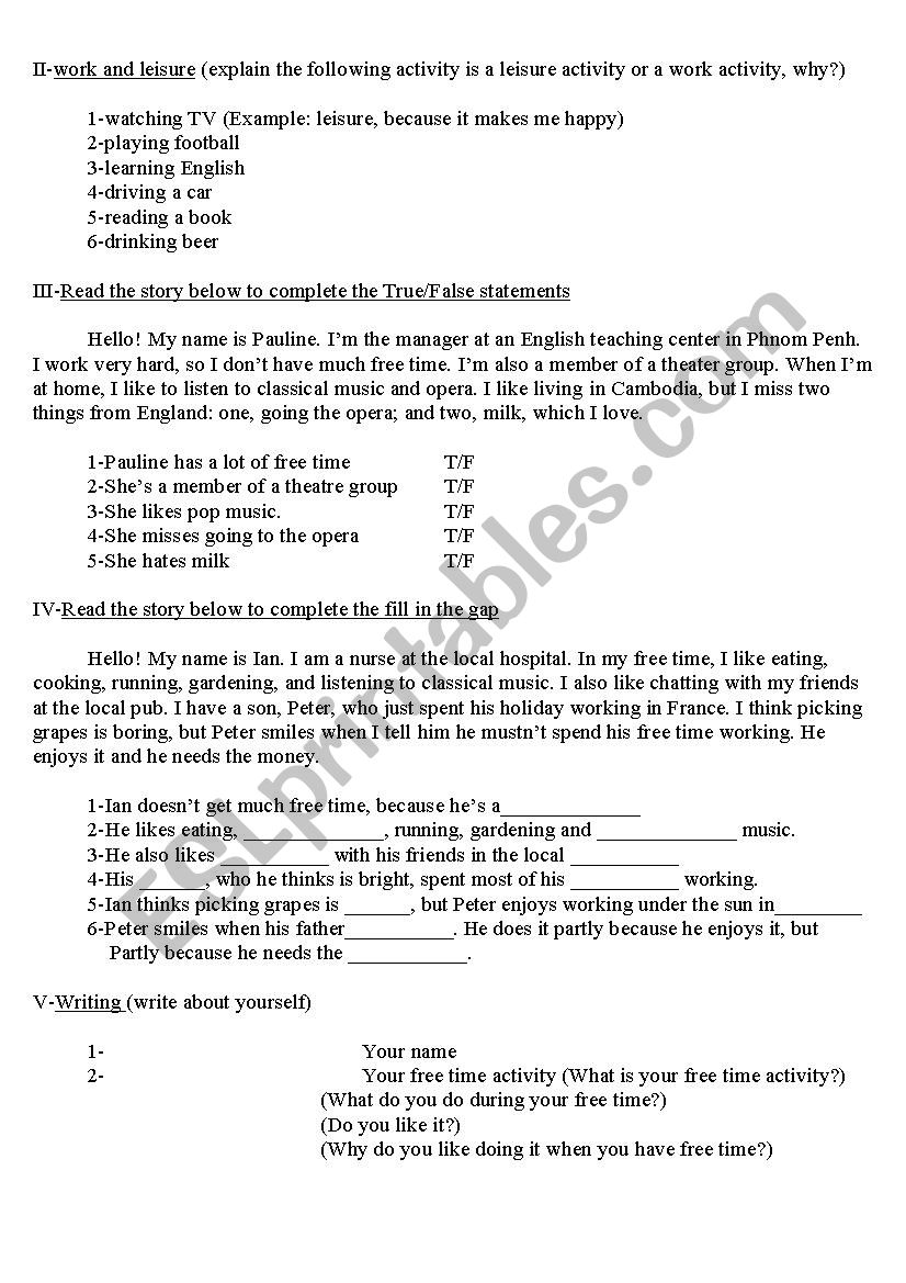 My leisure activity worksheet