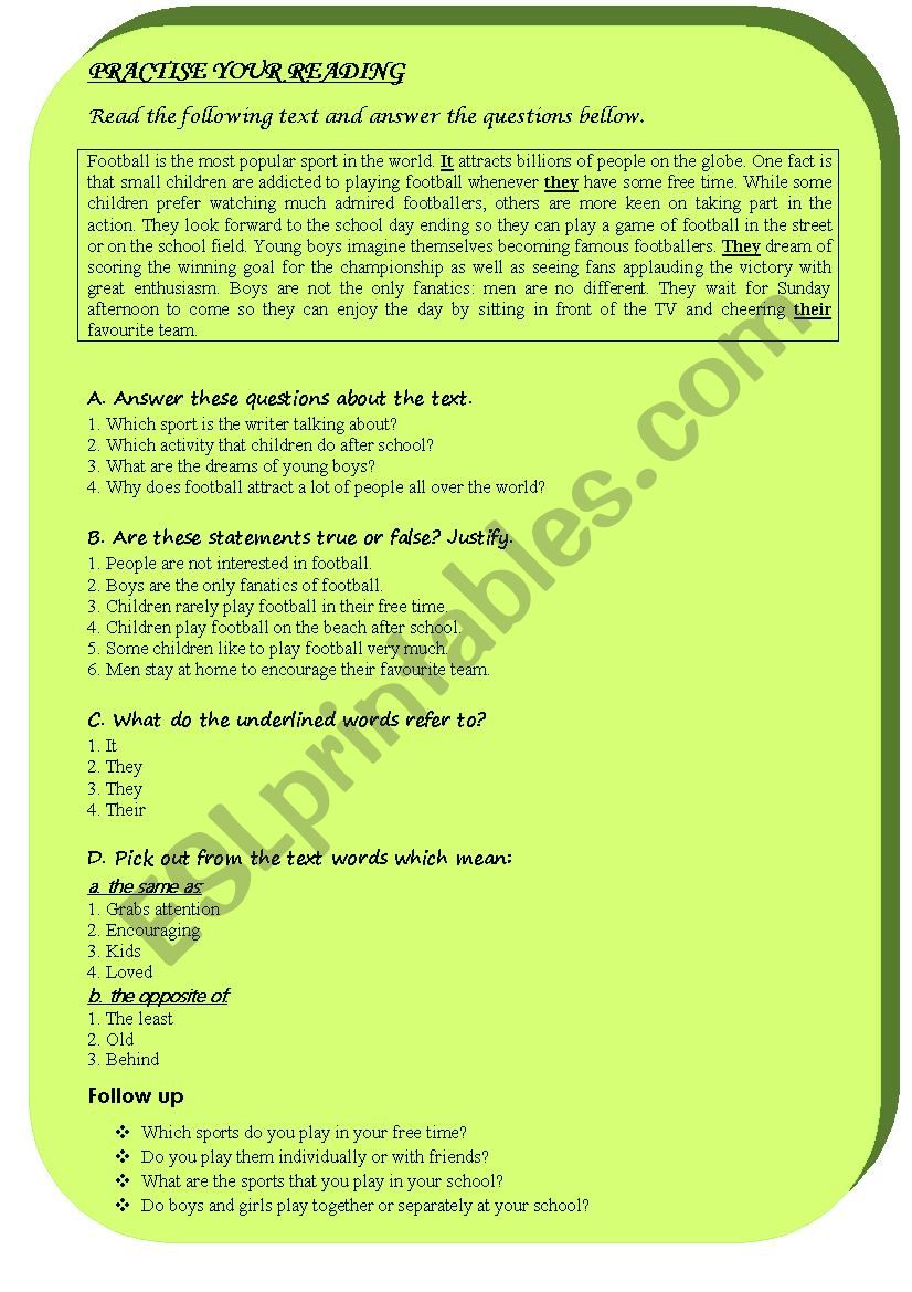 Practise reading:Football worksheet