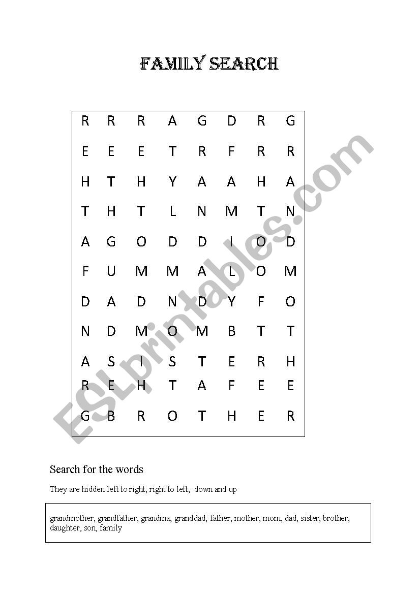 Family word search worksheet