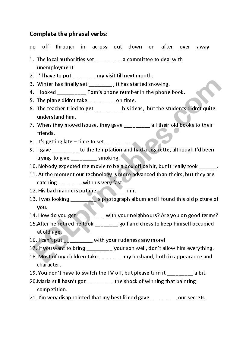Phrasal verbs in sentences worksheet