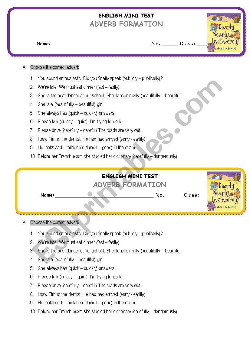 Adverb Formation - Mini Test  worksheet