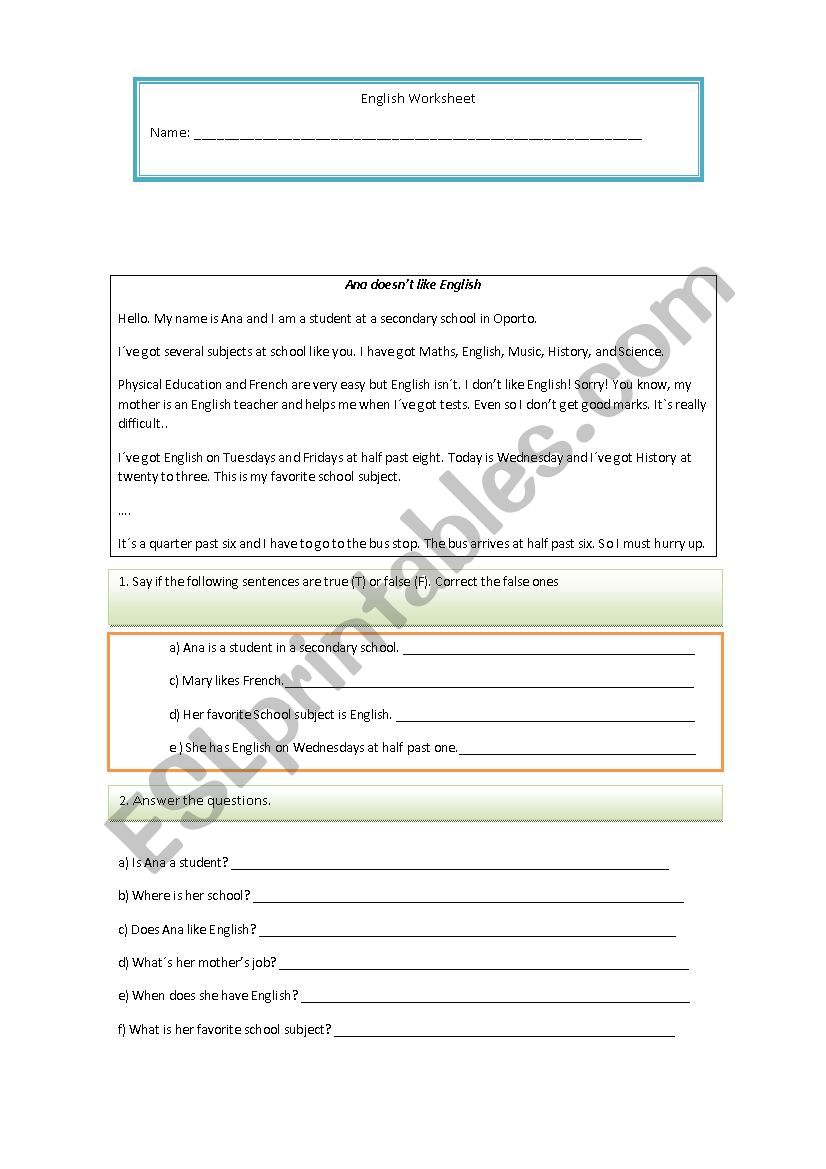 English Worksheet worksheet