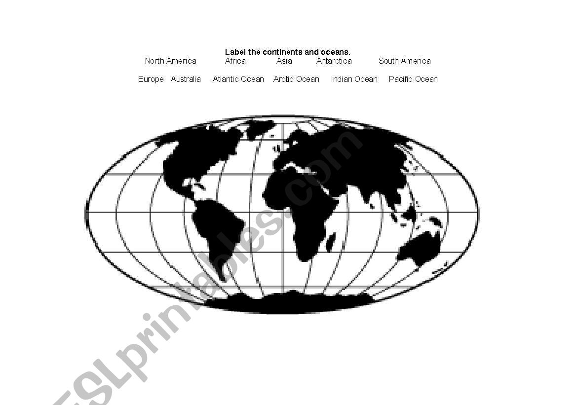 Label continents and oceans worksheet