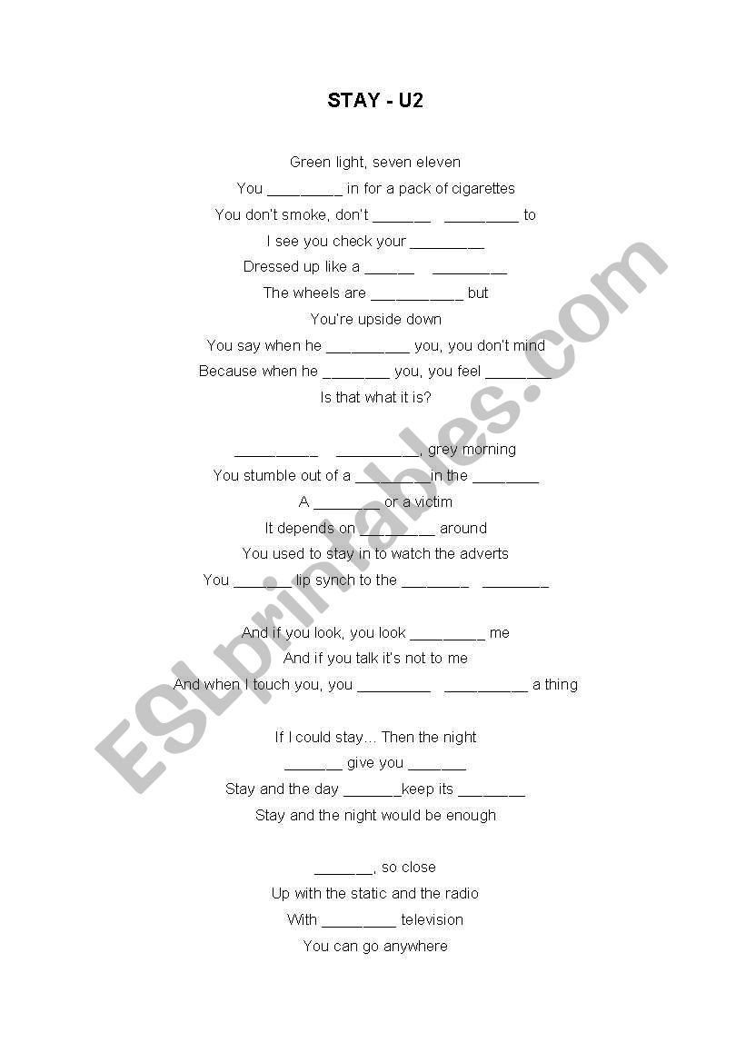 SONG STAY - U2 worksheet