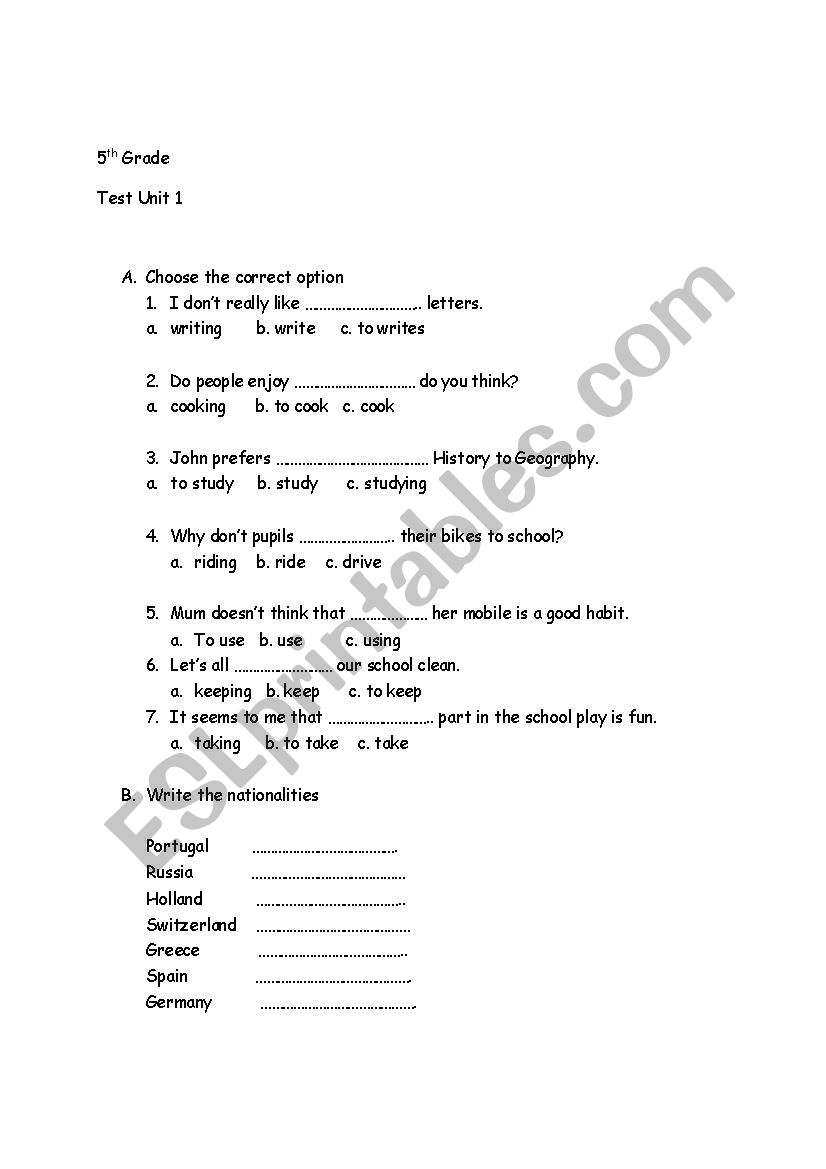 grammar test worksheet