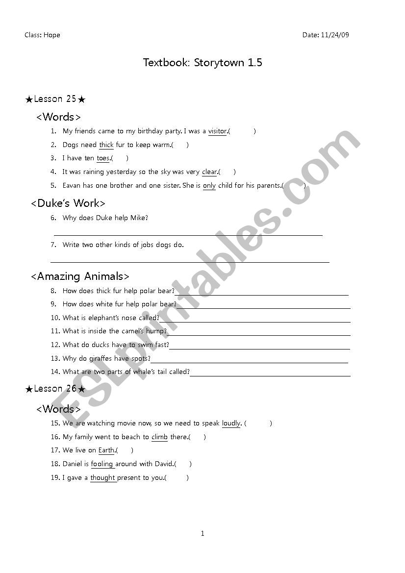 Storytown 1.5 test worksheet