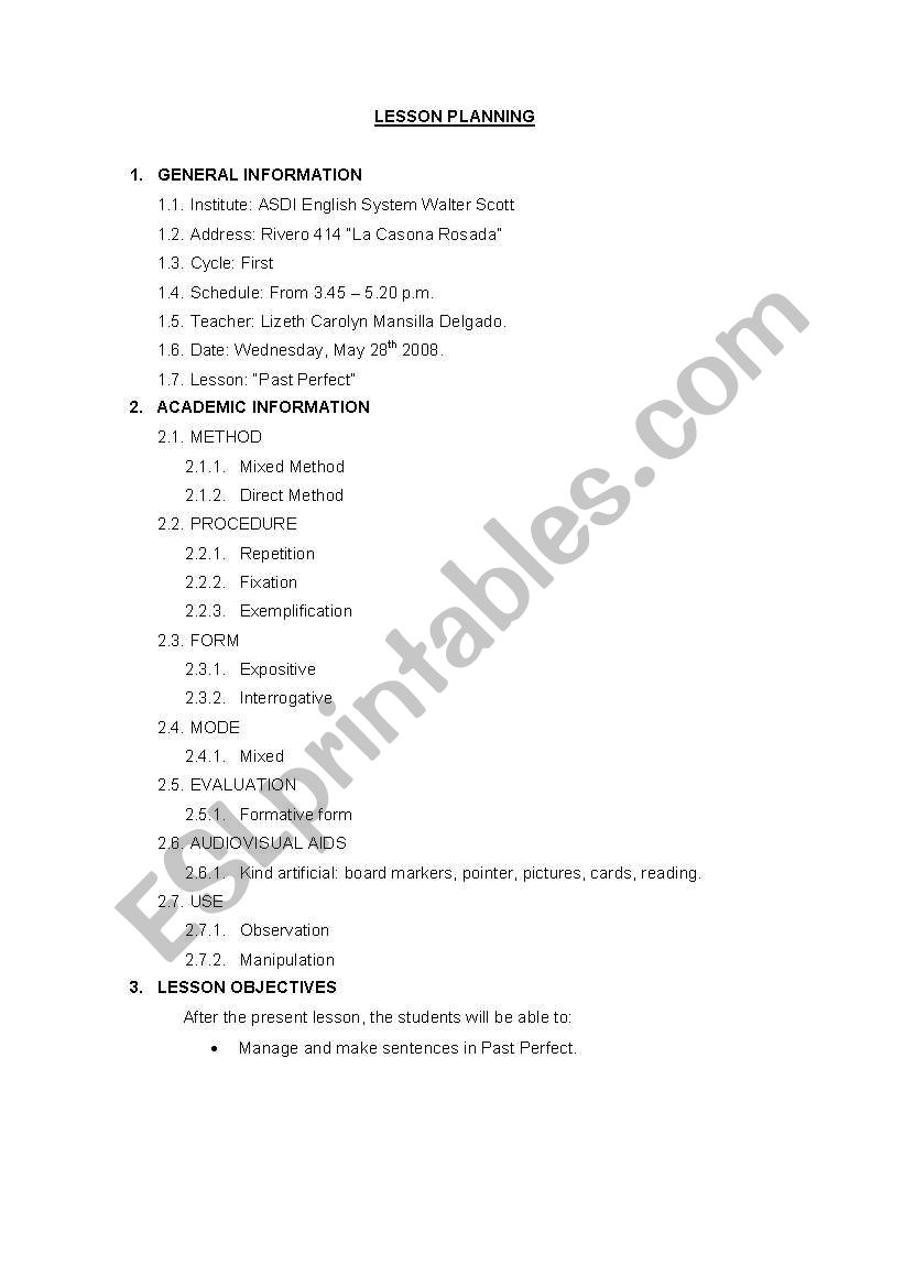 Past Perfect Lesson Plan worksheet