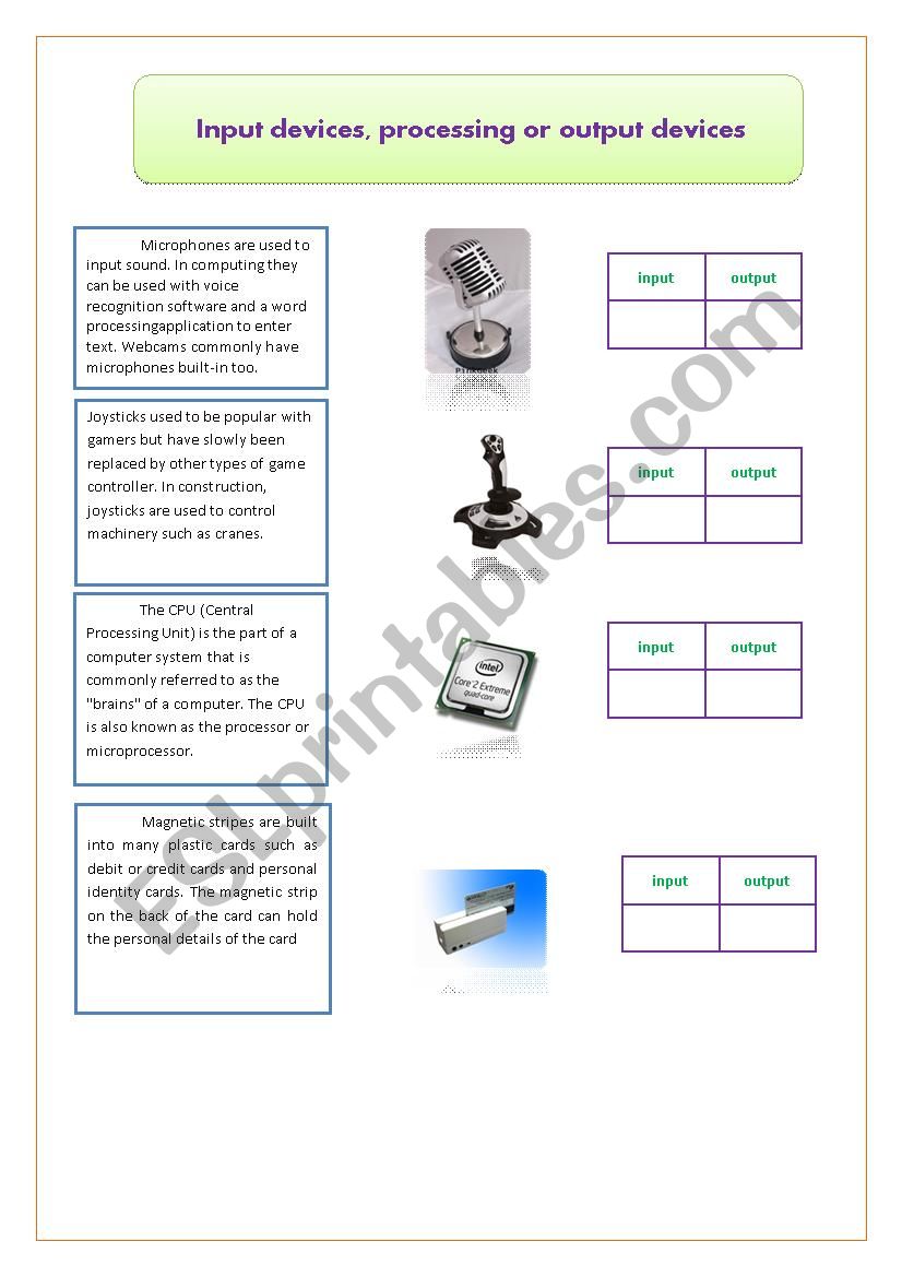 Input devices, processing or output devices