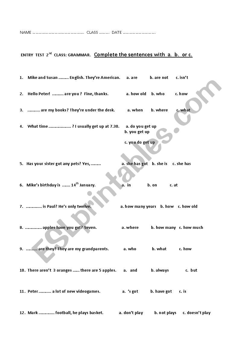 grammar test worksheet