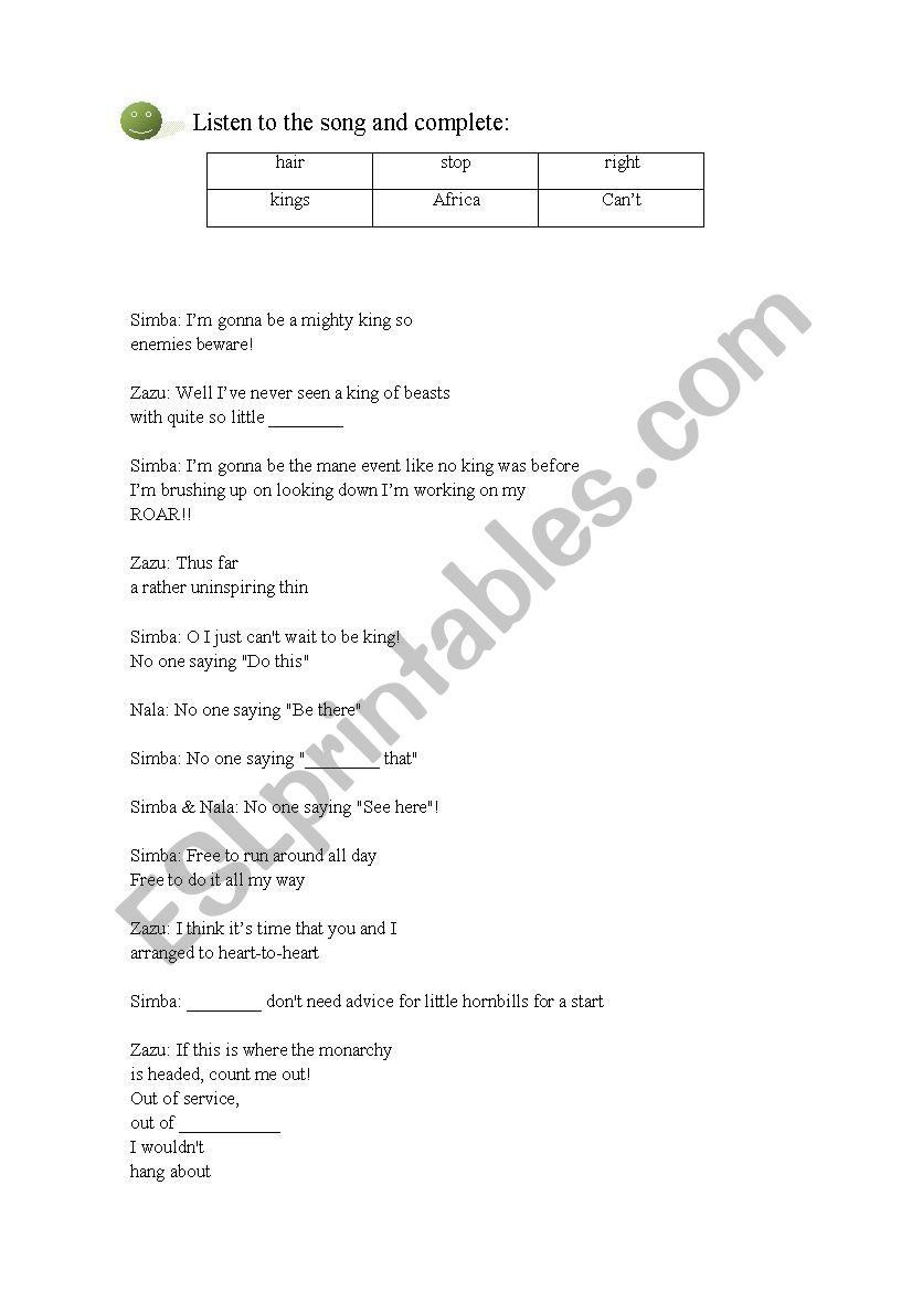 Song: The lion king worksheet