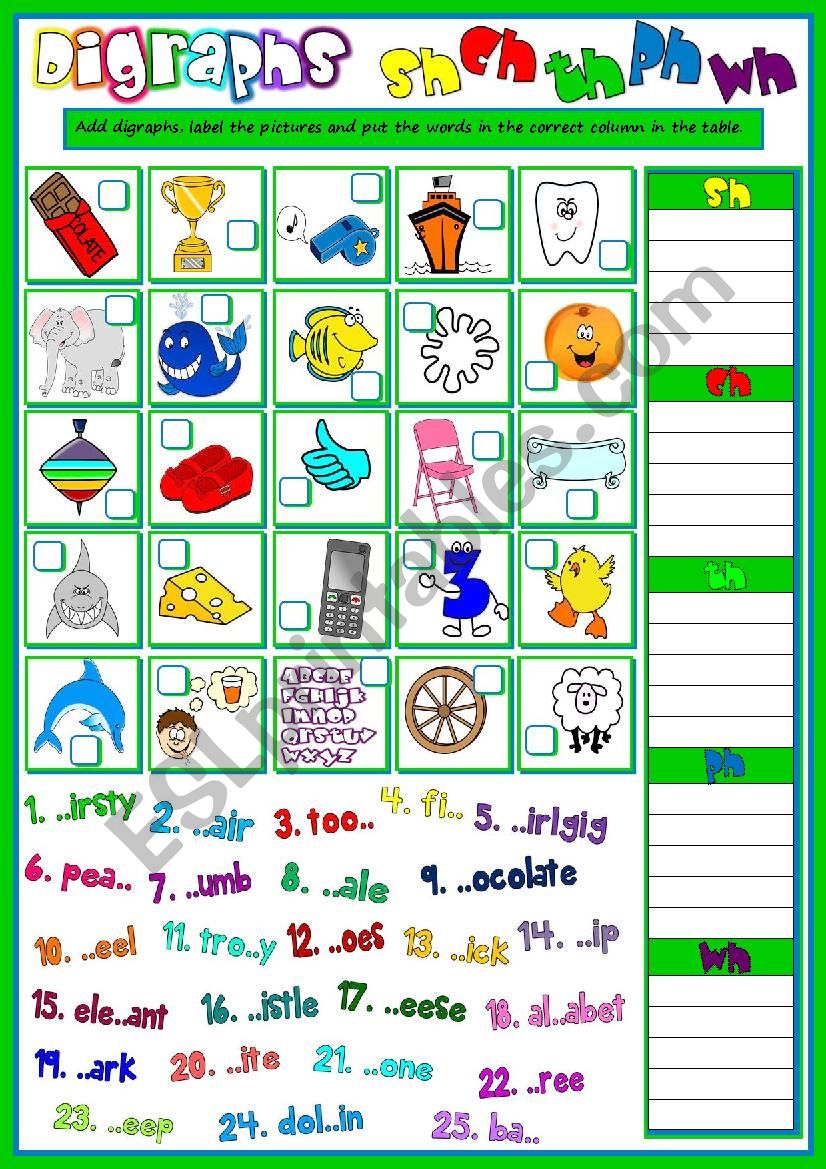 Digraphs - sh, ch, th, ph, wh worksheet