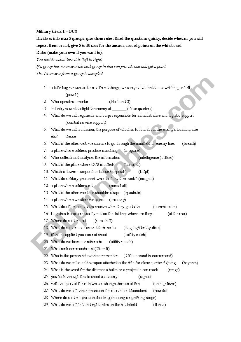 Military trivia quiz worksheet