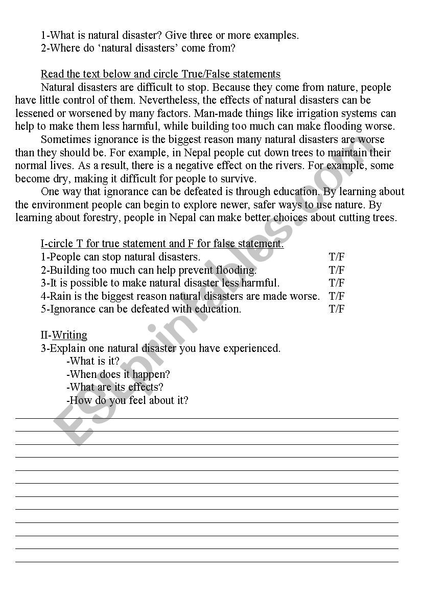 Natural Disaster worksheet