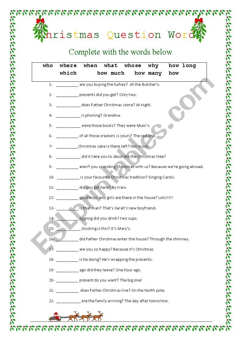 X-mas Question words worksheet