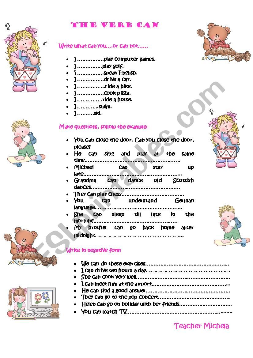 The verb can worksheet