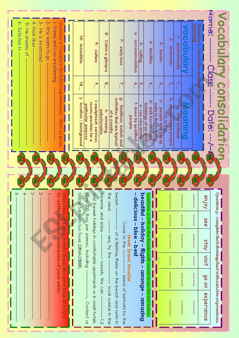 Vocabulary consolidation worksheet