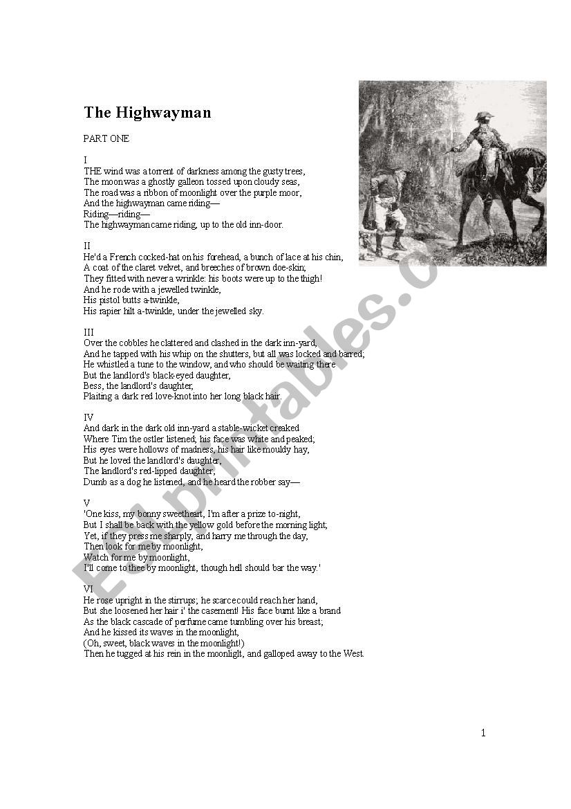 The Highwayman worksheet