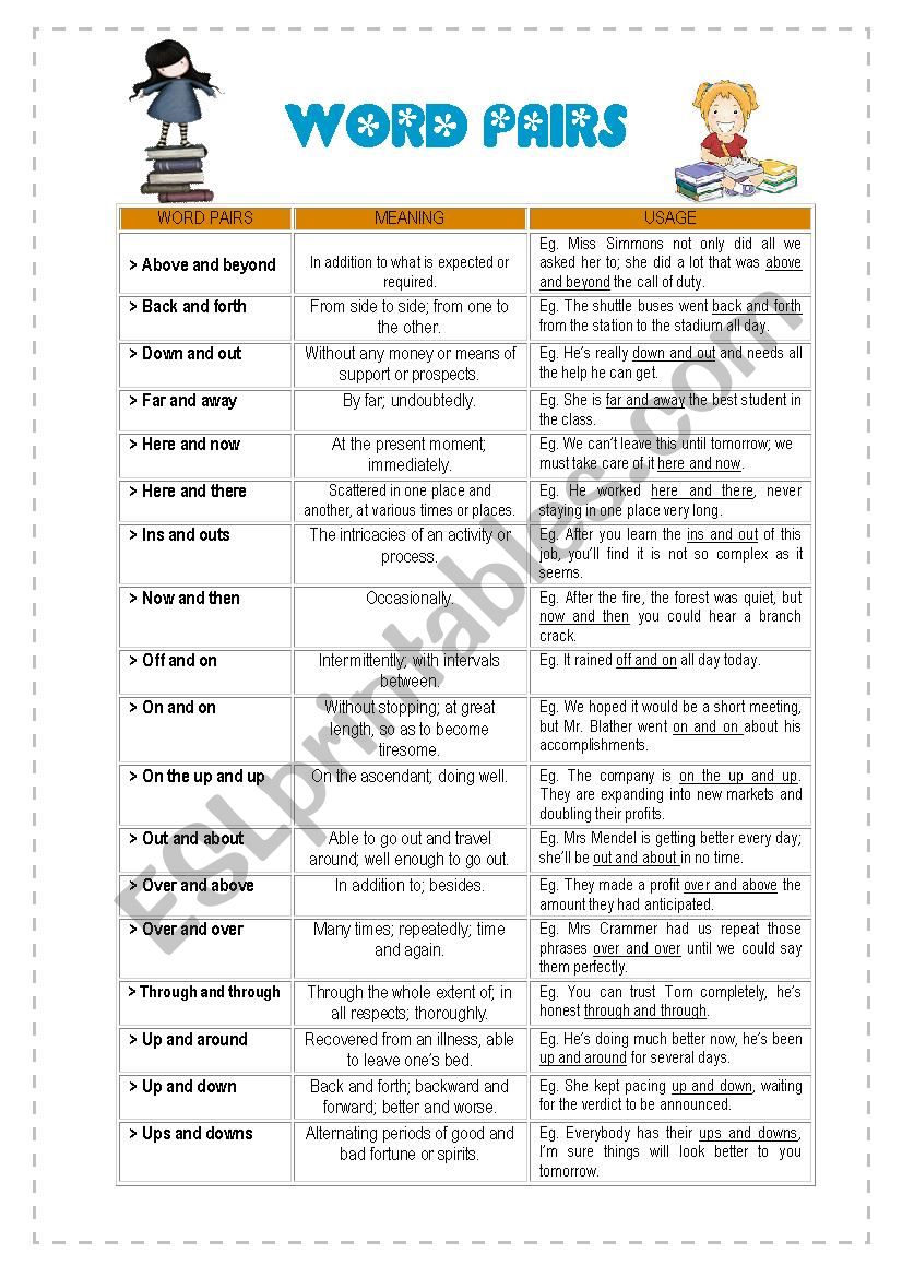 Word pairs worksheet