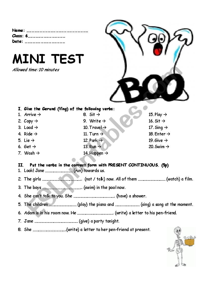 English mini test worksheet