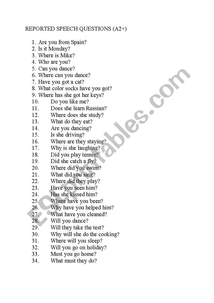 Reported Speech - questions worksheet