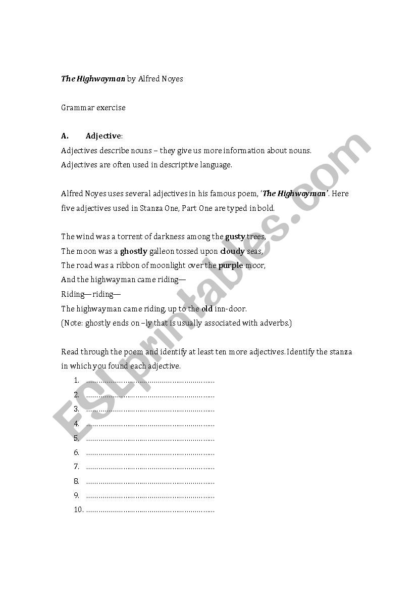 The Highwayman - grammar worksheet