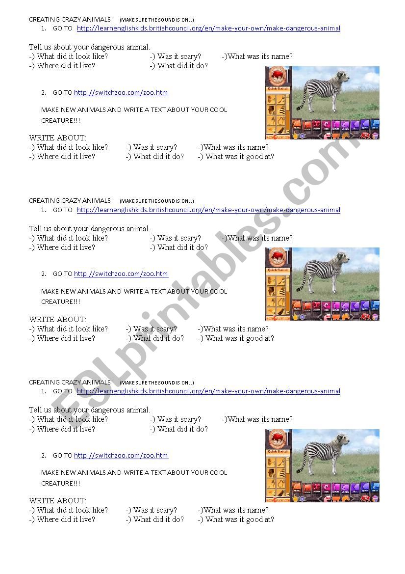 Creating crazy animals worksheet