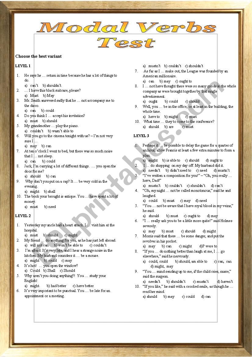 Modal verbs, a test worksheet