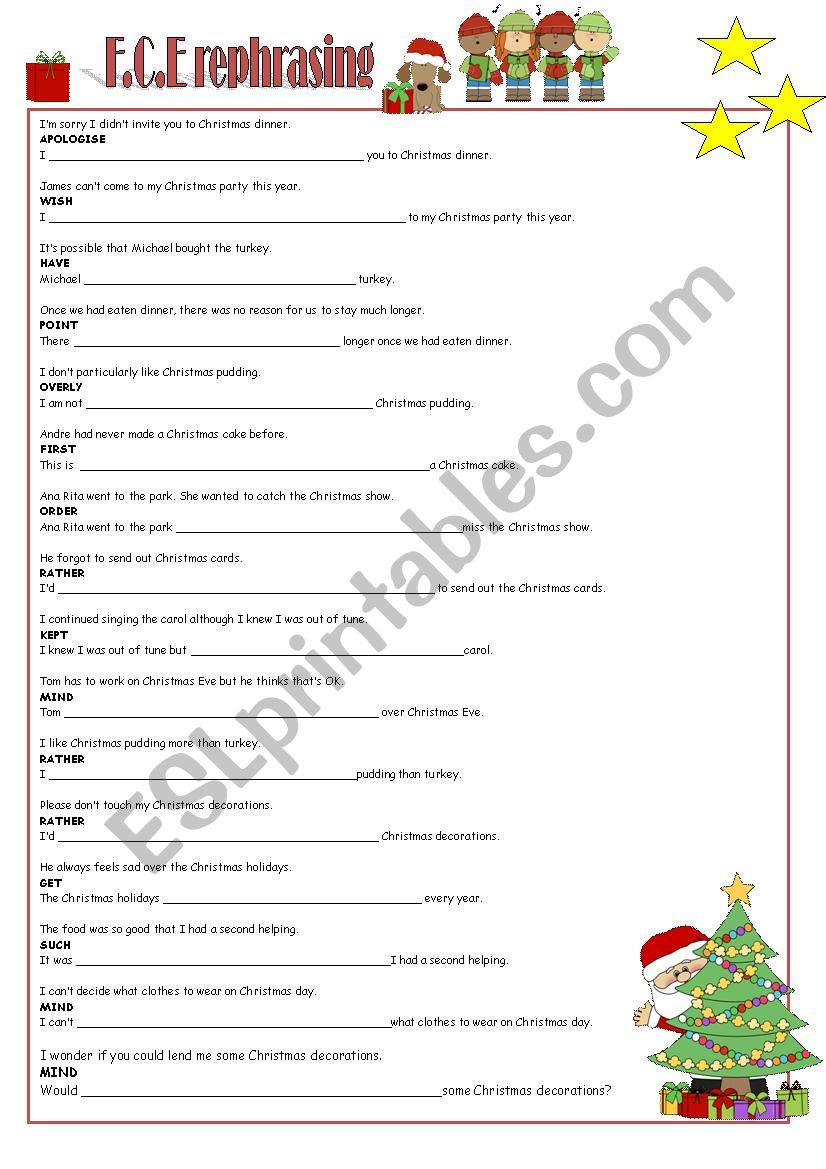 FCE christmas rephrasing worksheet