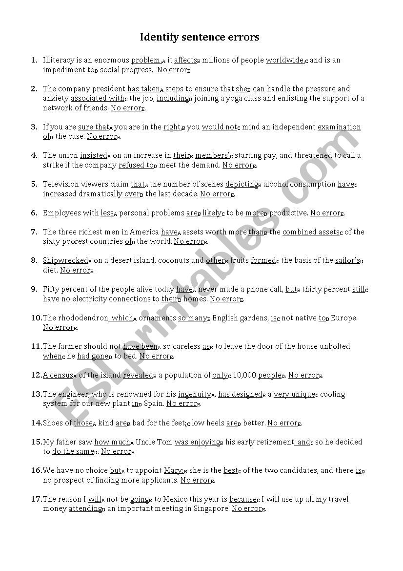 Identify Sentence Errors I ESL Worksheet By Syasa